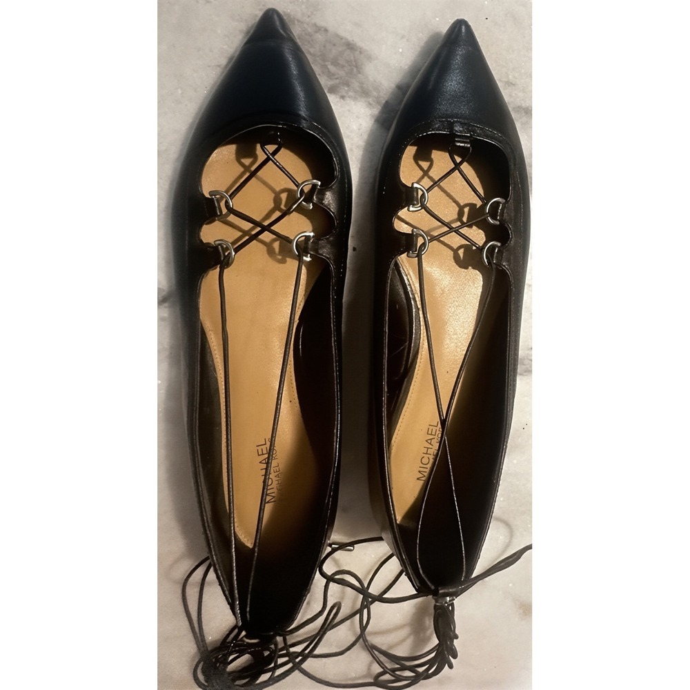 Michael‎ Kors Black Leather Pointed Toe Lace Up Ghillie Ballet Flats Womens - Picture 5 of 7